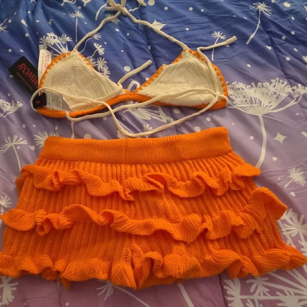ROMWE Orange White Floral Bow Crochet Knit Triangle Top & Short Set L NWT